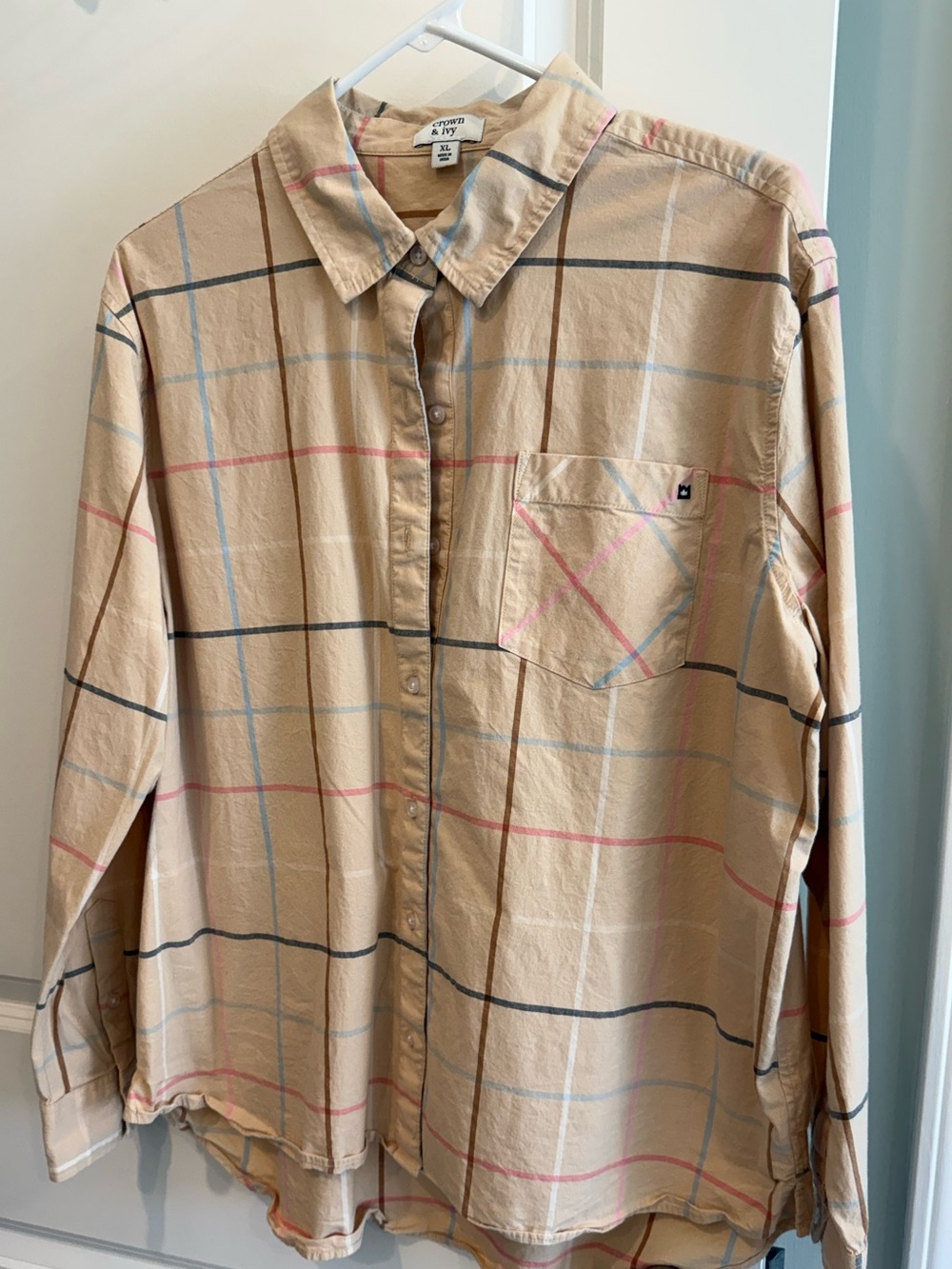 crown & ivy Beige Plaid Button-Up Blouse with Pink & Blue Lines